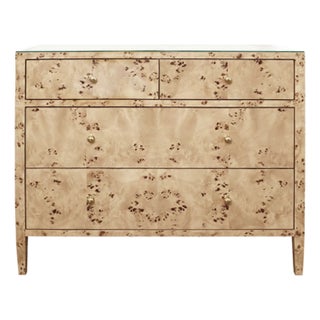 Matthew Izzo Home Michelle Light Burlwood Four Door Chest With Glass Top and Brass Knobs For Sale