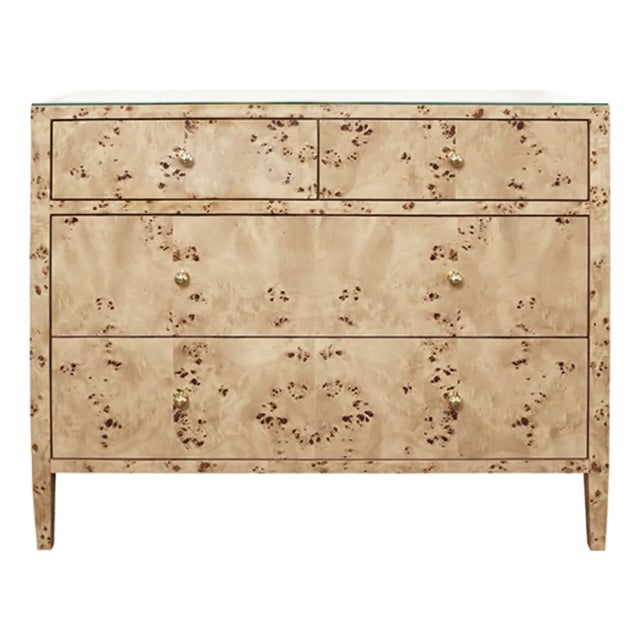 Matthew Izzo Home Michelle Light Burlwood Four Door Chest With Glass Top and Brass Knobs For Sale