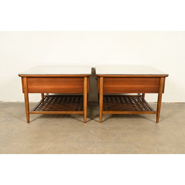 Paul McCobb Style Mid-Century Modern Walnut and Woven Shelf End Tables by Lane, Circa 1960s For Sale - Image 14 of 15