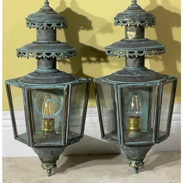 Antique/Vintage Pair of Solid Brass Patina Exterior Wall Lanterns / Sconces For Sale - Image 17 of 18