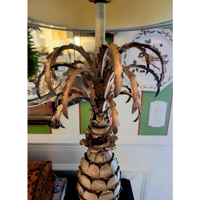 Wood Vintage Massive Tole Gold Cream Metal Leaf Pineapple Regency Tall Table Lamp For Sale - Image 7 of 10