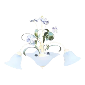 Vintage 5 Light Pansy Leaf Regency Green Purple Tole Chandelier Fixture