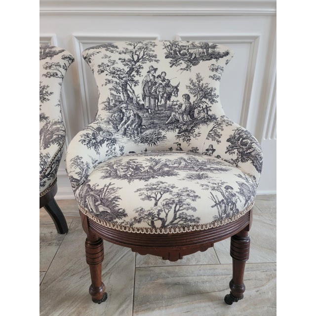Antique Victorian Toile Upholstered Parlor Slipper Chairs on Casters – A Pair For Sale - Image 9 of 17