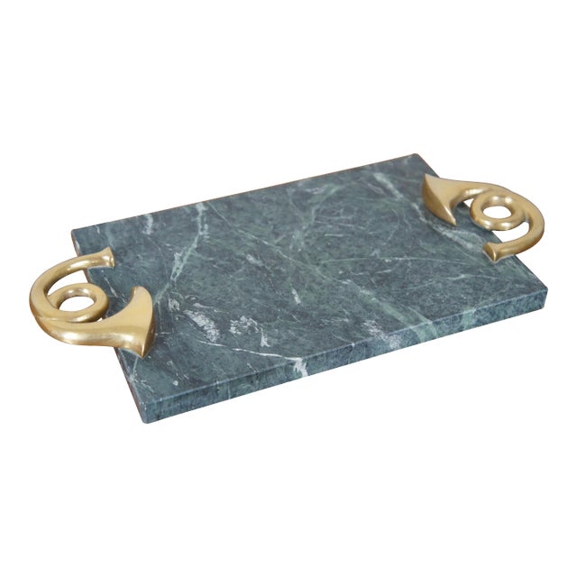 Vintage Green Marble Brass French Horn Handle Cheese Serving Board Tray For Sale
