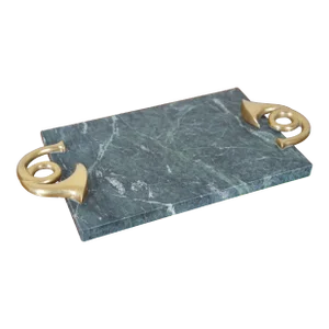 Vintage Green Marble Brass French Horn Handle Cheese Serving Board Tray