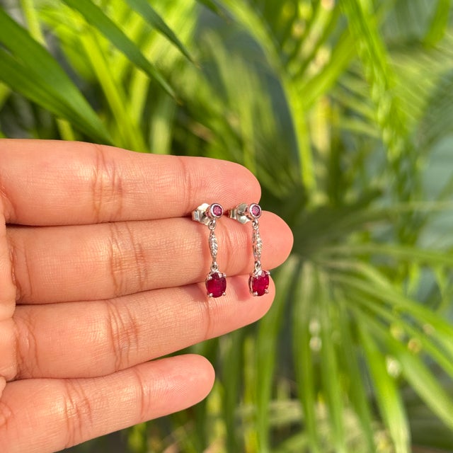 14k White Gold 1.35Ct Natural Ruby & Diamond Drop Dangle Earrings- A Pair For Sale - Image 9 of 14