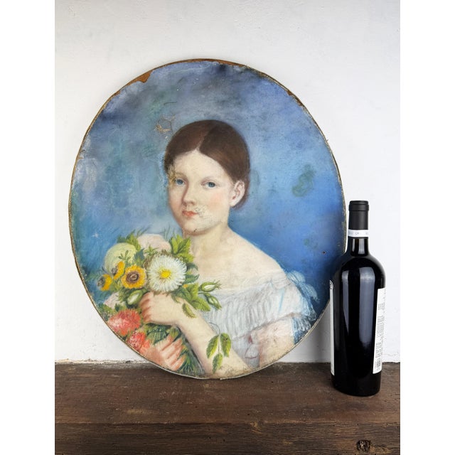 Oval Portrait of a Young Girl with Flowers, 1800s, Pastel Artwork For Sale - Image 17 of 18