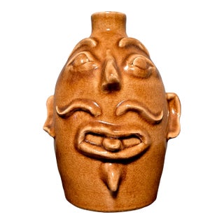 ​Vintage Rodney Leftwich Signed Nc Folk Art Pottery Stoneware Face Jug For Sale