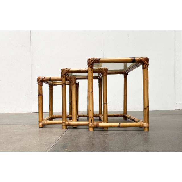 Mid-Century Modern Bamboo and Glass Nesting Tables, 1960s, Set of 3 For Sale - Image 13 of 18