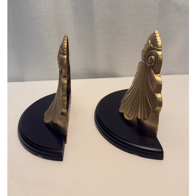 Wood 1970s Hollywood Regency Brass and Black Lacquer Shell Sconces - A Pair For Sale - Image 7 of 8