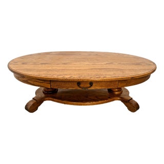 Oval Coffee Table Tiger Oak, Center Drawer, Shelf, Empire Style, Made by Heirloom Enterprises Inc. For Sale