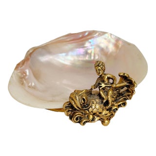 Vintage Clamshell Trinket Dish With Gold Cherub Stand For Sale