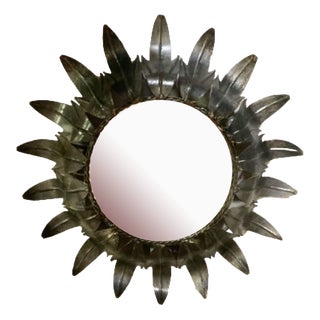 Mid-Century Round Wrought Iron Sheet Sun-Shaped Wall Mirror, 1950s For Sale