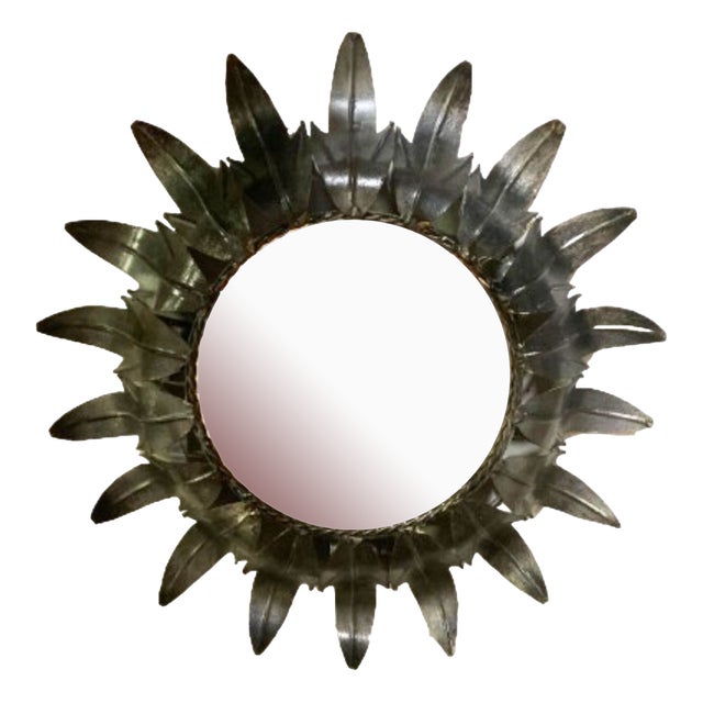 Mid-Century Round Wrought Iron Sheet Sun-Shaped Wall Mirror, 1950s For Sale
