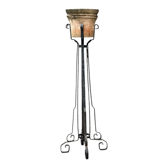 Vintage Hammered Iron and Wells Cement Planter Stand For Sale