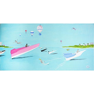 Scott Woodard "Regatta of Sorts" Pastel Blue and Pink Abstract Contemporary Landscape Painting, 2022 For Sale