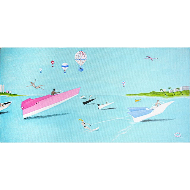 Scott Woodard "Regatta of Sorts" Pastel Blue and Pink Abstract Contemporary Landscape Painting, 2022 For Sale
