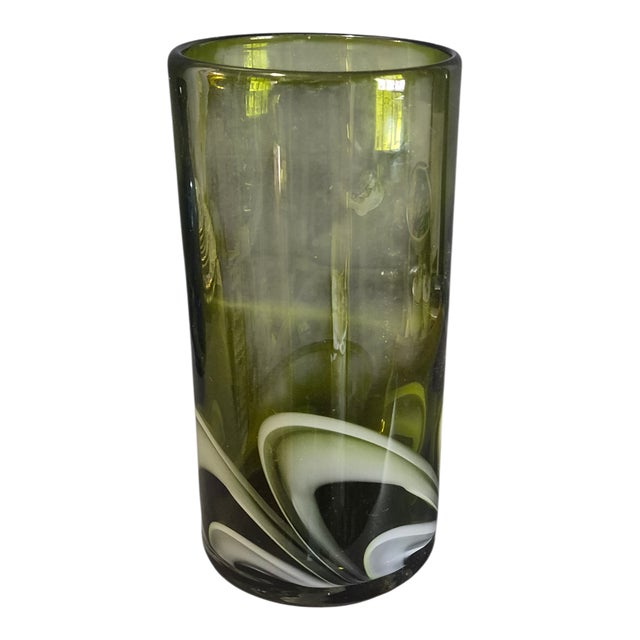 Glass Vintage Italian Mid-Century Modern Art Glass Green & White Swirls Tube Vase For Sale - Image 7 of 7