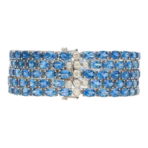 53 Carat Oval Cut Aquamarine and Diamond Multi Row Tennis Bracelet in 18K White