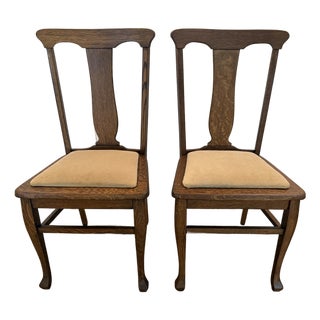 Pair of Antique Oak Dining Chairs With New Neutral Upholstery For Sale