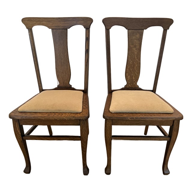 Pair of Antique Oak Dining Chairs With New Neutral Upholstery For Sale