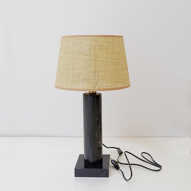 Contemporary Table Lamp in Black Marble and Natural Raffia Lampshade For Sale - Image 3 of 12