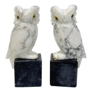Vintage Italian Marble Horned Owl Bookends, a Pair For Sale
