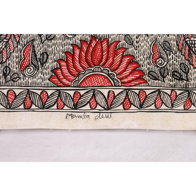 Indian Mamta Devi, 2016 National Award Winner, Hand-Painted Madhubani Folk Painting on Canvas, Fish Mandala, Lotus Flowers & Peacock Motifs, Indian Artwork For Sale - Image 3 of 4