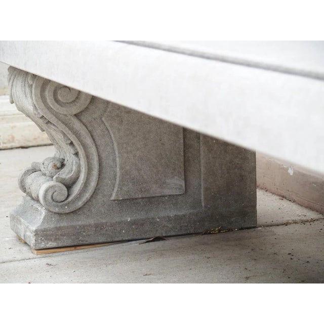 Light Gray Carved Italian Limestone Garden Bench With Fleur De Lys and Acanthus Decoration For Sale - Image 8 of 12