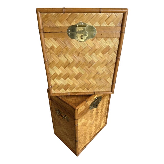 Set of 2 Asian Bamboo & Woven Rattan Trunks From 70's For Sale