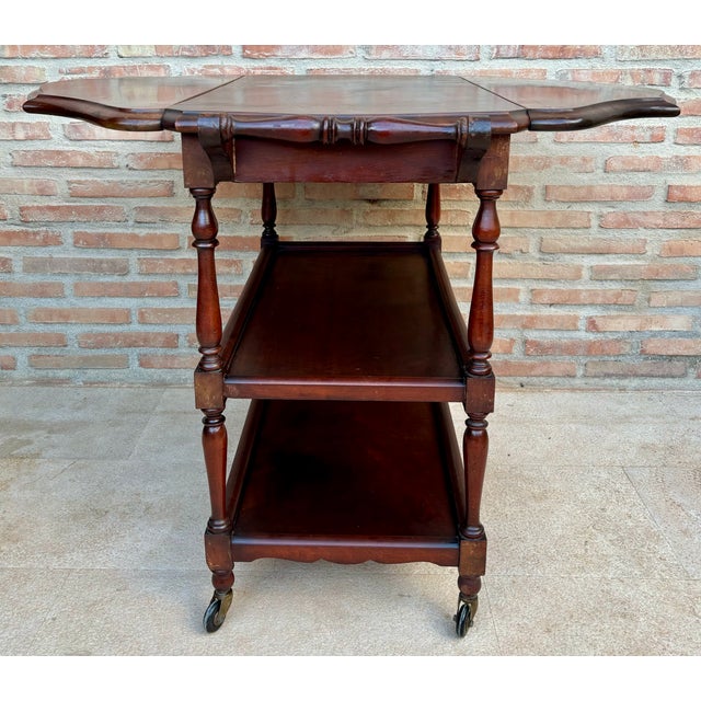 1960s Spanish Wooden Bar Cart With Folding Leaves and Three Tiers For Sale - Image 4 of 9