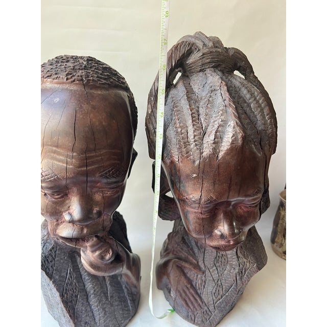 Pair of Vintage Traditional African Ebony Wood Man & Woman Carving Busters For Sale - Image 14 of 17