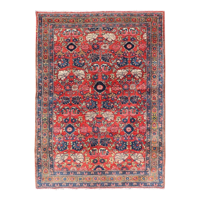 Antique Persian Bidjar Rug With Red Field and Bold Blue Floral Design 4'5 X 6'5 For Sale
