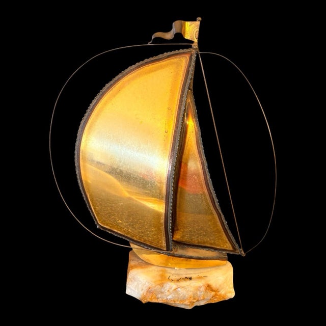 Vintage Metal Sailboat Sculpture on Stone Base, Brass Tone Nautical Decor, Mid Century Style Coastal Desk Art For Sale In Indianapolis - Image 6 of 8