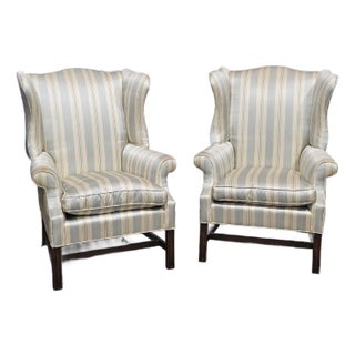 Mid 20th Century Pair Mahogany Chippendale Style Armchairs Wing Chairs Blue Silk Striped Fabric For Sale