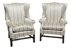 Mid 20th Century Pair Mahogany Chippendale Style Armchairs Wing Chairs Blue Silk Striped Fabric