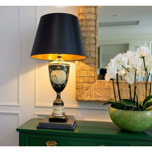 Chinoiserie Large Vintage Hand-Painted Chinoiserie Black Lacquer Urn Table Lamp For Sale - Image 3 of 10