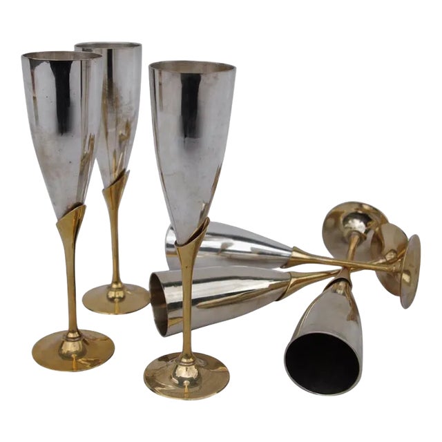 Vintage Gilt and Silver Champagne Flutes, 1970s, Set of 6 For Sale
