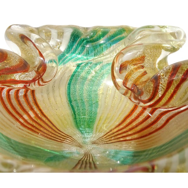 Beautiful vintage Murano hand blown green, white and red-orange stripes mosaic pieces and gold flecks Italian art glass...