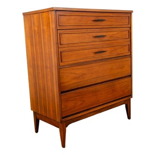 1960s Mid Century Modern Dresser Highboy Dixie Walnut 4 Drawer Wood Brass Chest Handle For Sale