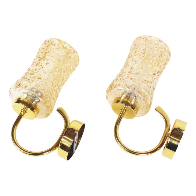 Vintage Brass and Amber Glass Wall Lamps from Wila Leuchten, 1970s, Set of 2 For Sale