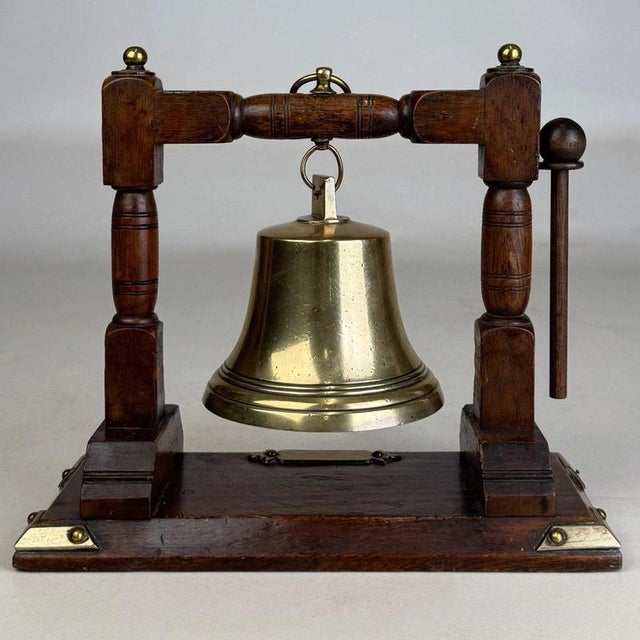 Antique English Edwardian Nautical Brass Bell with Oak Stand, 1900s For Sale - Image 6 of 12