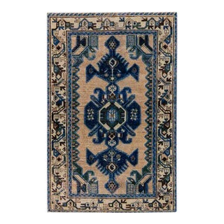 Vintage Distressed Beige Geometric Wool Rug For Sale