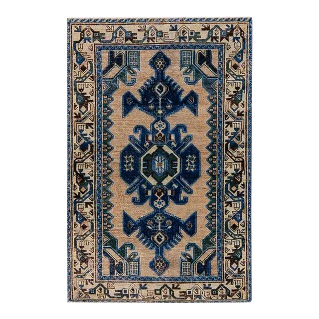 Vintage Distressed Beige Geometric Wool Rug For Sale