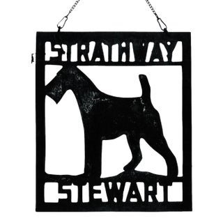 Vintage Folk Art Metal Terrier Dog House Sign From 1915, 24” X 21” For Sale