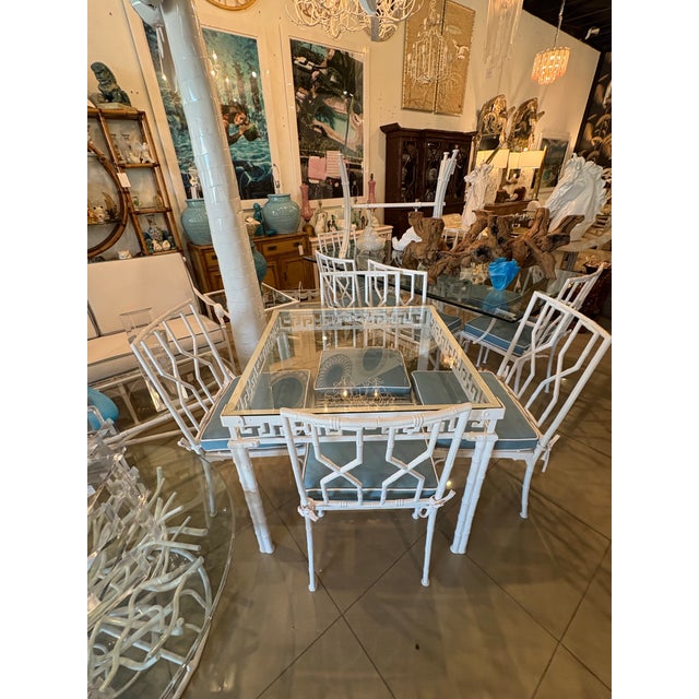 White Vintage 5 Pc Faux Bamboo Greek Key Patio Dining Game Table & Chairs Restored For Sale - Image 8 of 12
