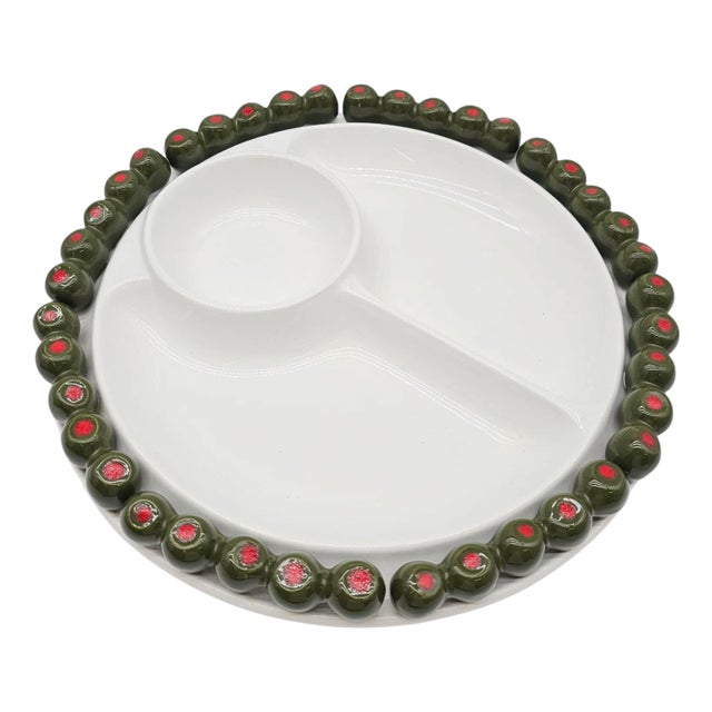 Mid-Century Modern Olive Motif Appetizer Tray by Sur La Table – Portugal Sectioned 14" Ceramic For Sale