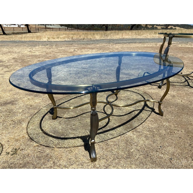 Gold Vintage Hollywood Regency Style Oval Glass-Top Coffee Table and Side Table Set For Sale - Image 8 of 18