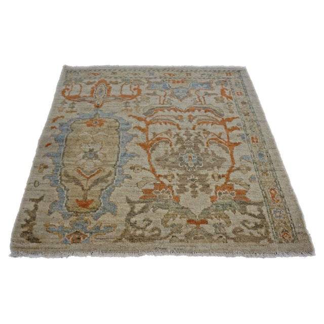 Persian Sultanabad Wool 3x3 Square Ivory, Light Blue & Rust Handmade Area Rug #1141257 For Sale - Image 4 of 6