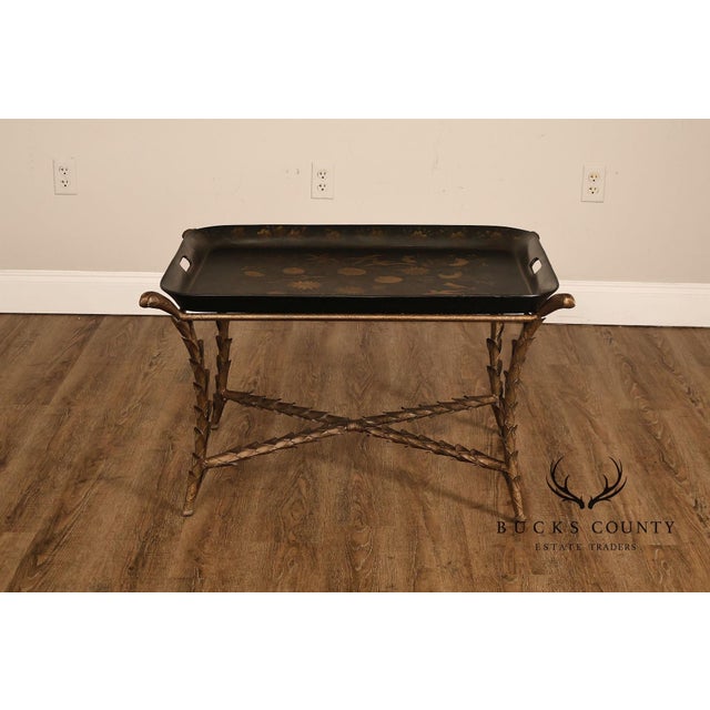 Tole Painted Tray Top Coffee Table With Gilt Metal Base For Sale In Philadelphia - Image 6 of 17